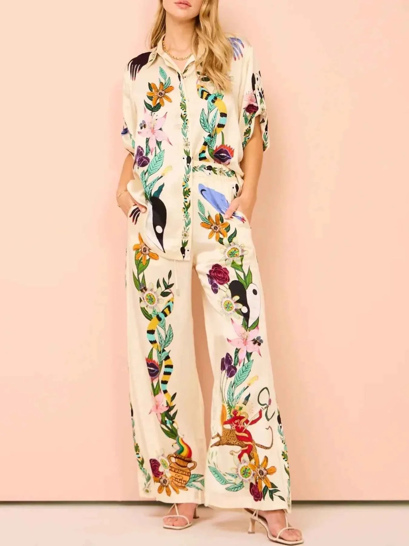 Printed Button-Up Shirt and Pants Set.