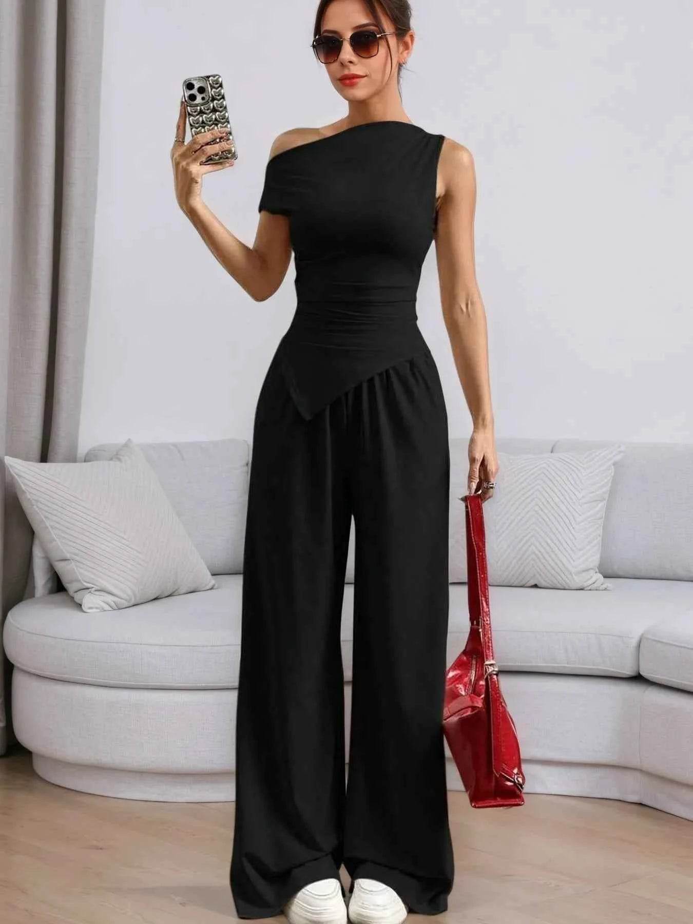 Asymmetrical Top and Pants Set for a Chic, Stylish Look - EBYNN