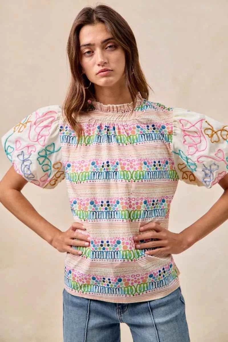 Ruffle Neckline Blouse with Embroidery for Effortless Style - EBYNN