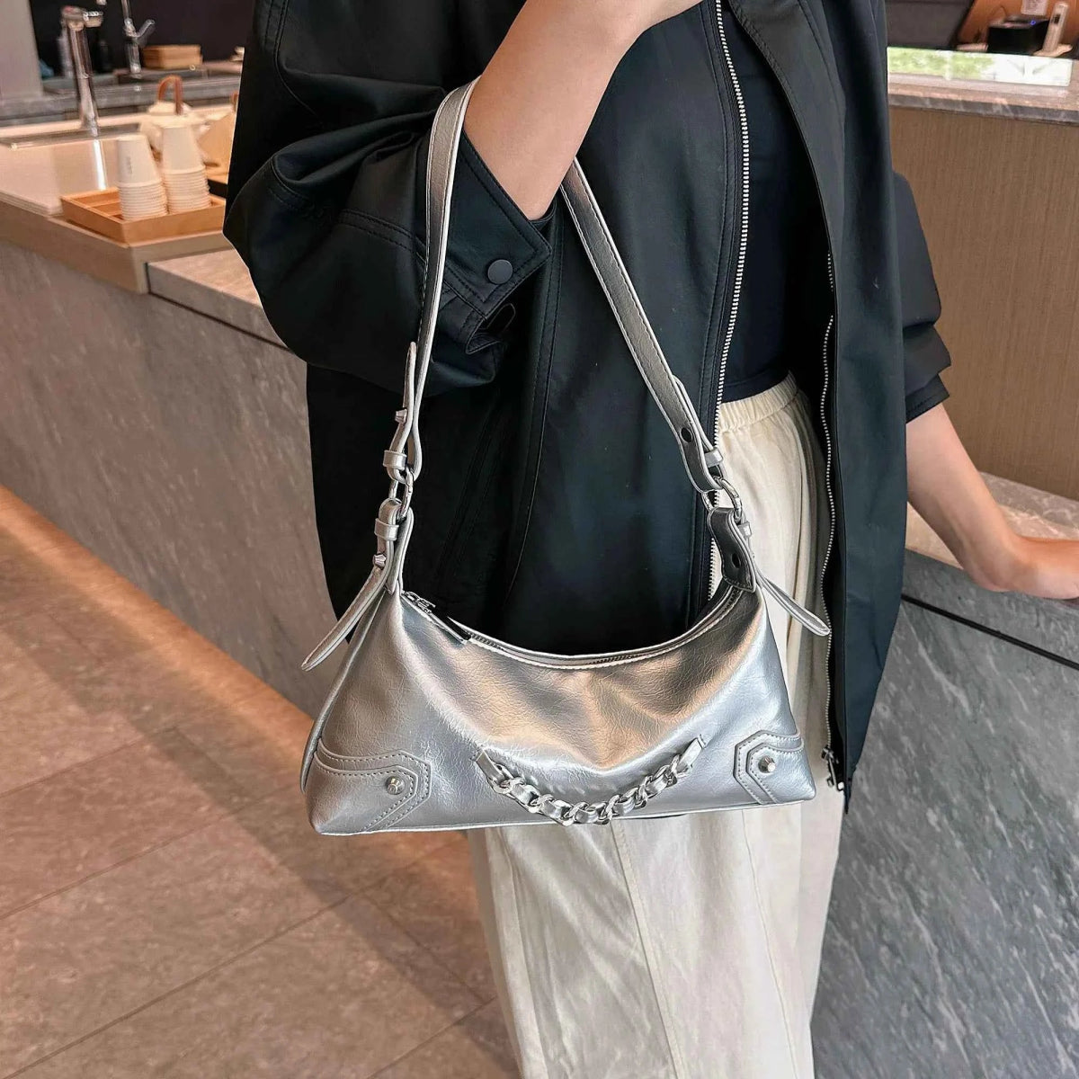 Chain Detail Small Leather Shoulder Bag.