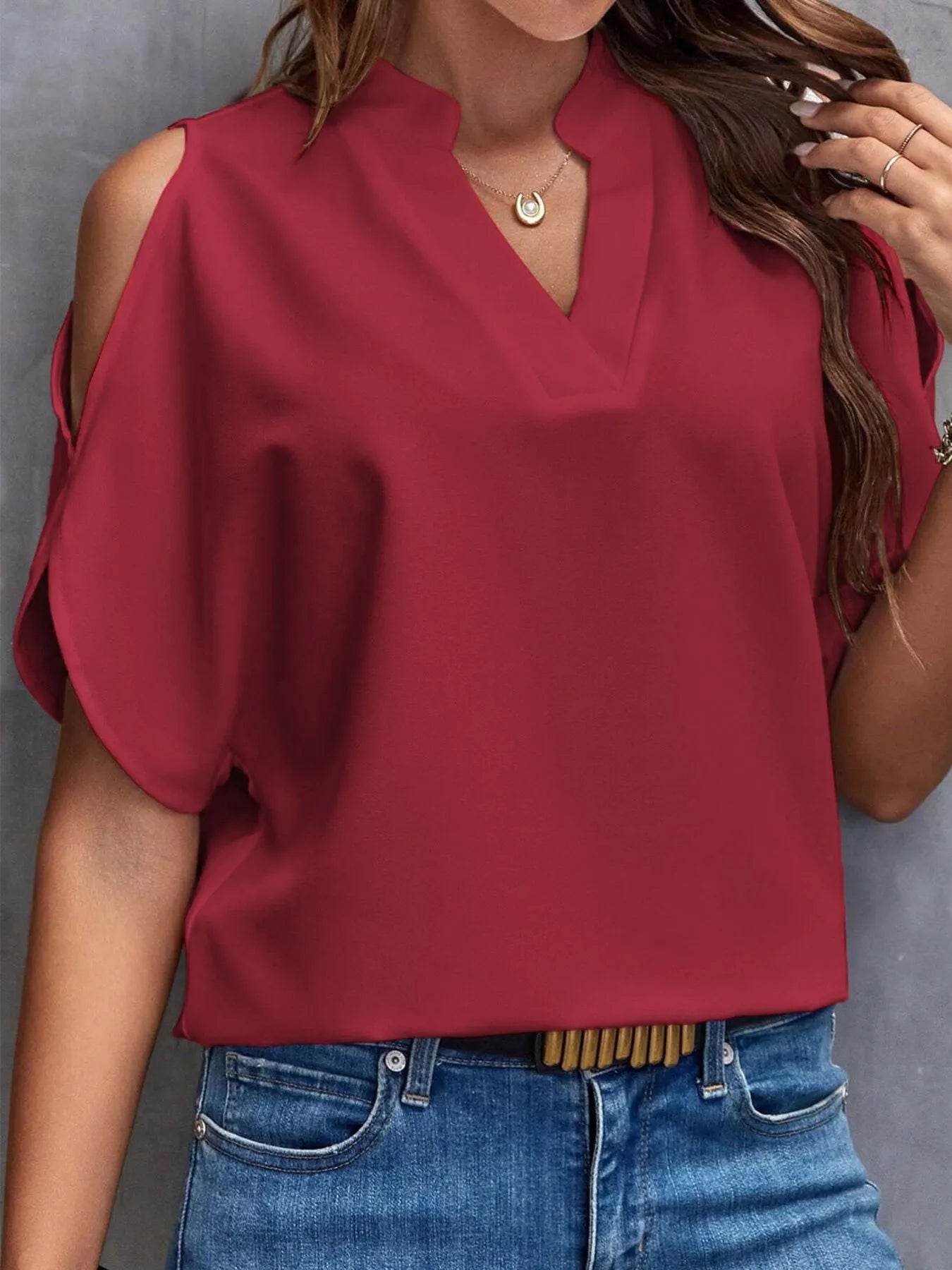 Cold Shoulder Blouse for Women - Stylish Notched Design - EBYNN