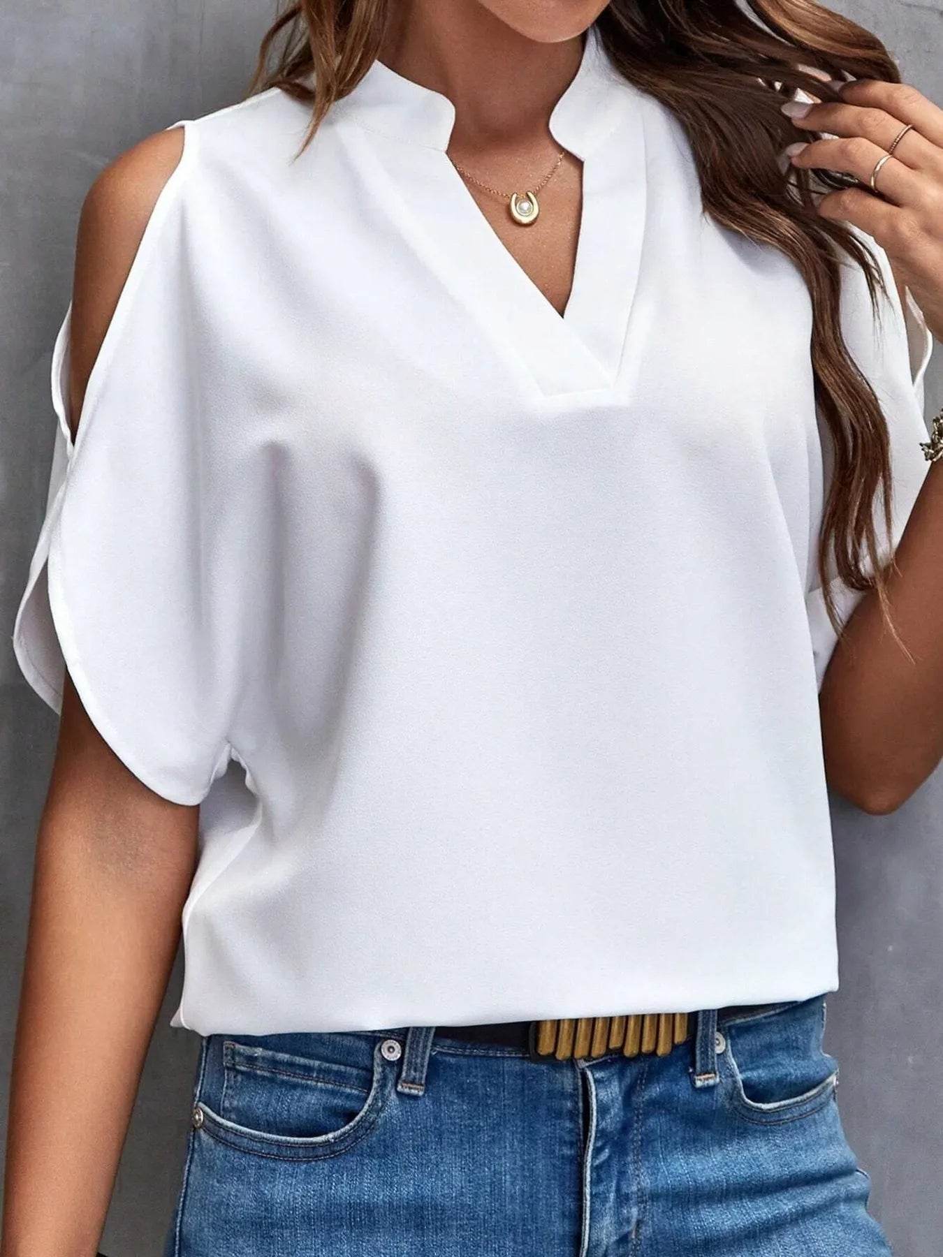 Cold Shoulder Blouse for Women - Stylish Notched Design - EBYNN