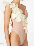 Stylish contrast flower one-piece swimsuit with floral details in pink and cream colors