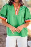 Contrast Trim Half Sleeve Blouse with Notched Design - EBYNN