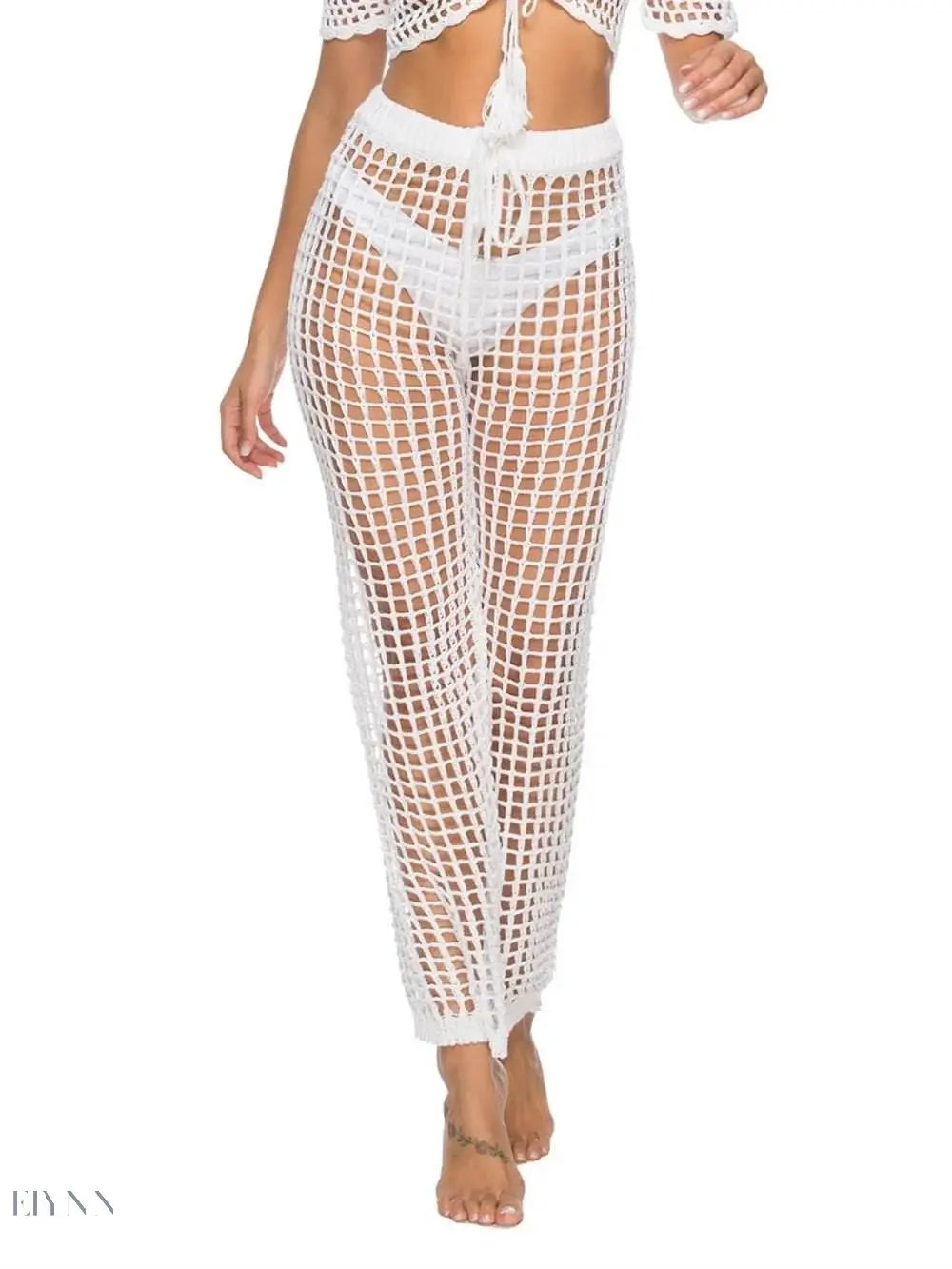 Trendy white mesh cover-up featuring cutout high waist swim pants for beach or pool outings