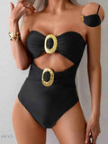 Elegant black cutout sweetheart one-piece swimsuit with a stylish gold buckle accent