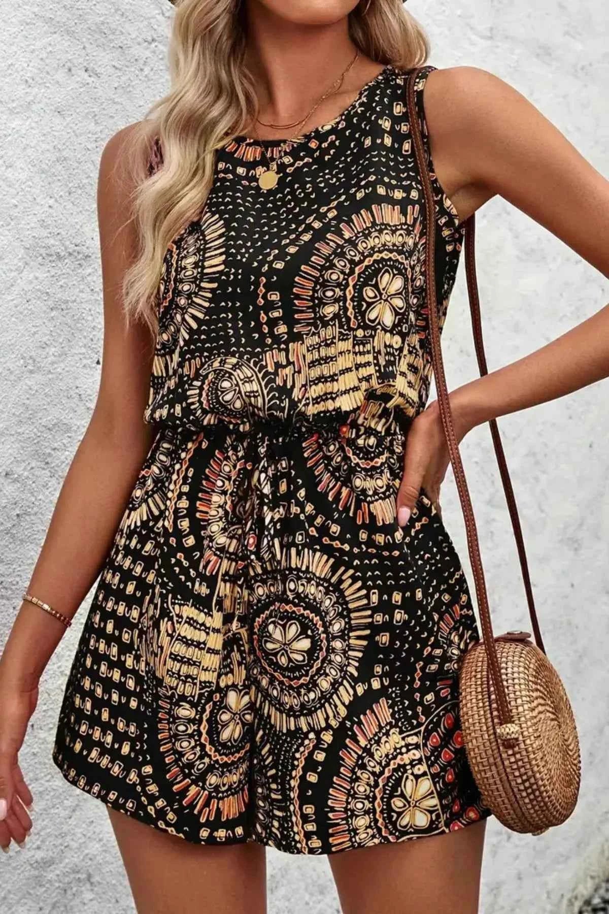 Boho Floral Print Sleeveless Summer Romper.