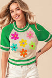 Crochet Flower Patches Striped Rib Band Sweater.
