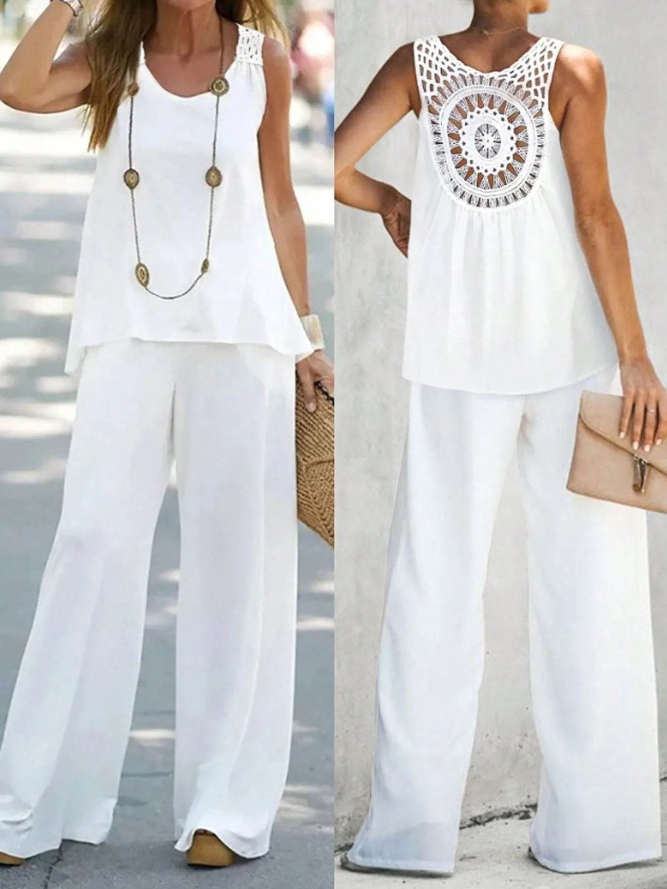 Round Neck Tank and Wide Leg Pants Set - EBYNN