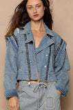 POL Cropped Denim Jacket with Zipper Accents.