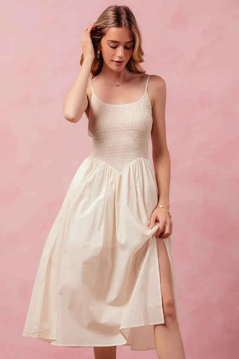 SO ME Smocked Sleeveless Midi Dress with Slit.
