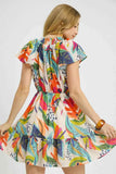 Umgee Tropical Print Tie Neck Ruffled Hem Mini Dress.