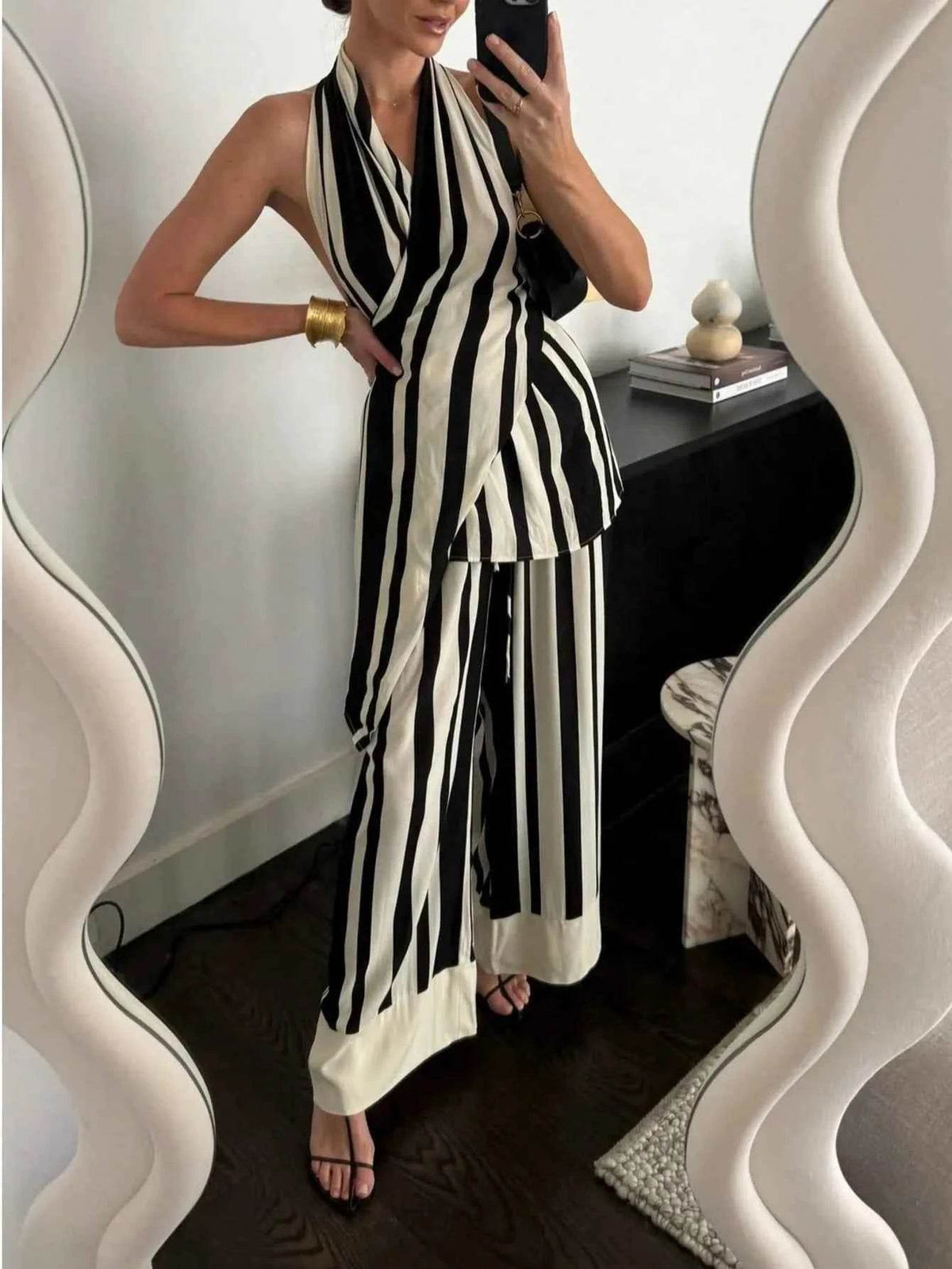 Striped Halter Neck Top and Pants Two-Piece Set - EBYNN