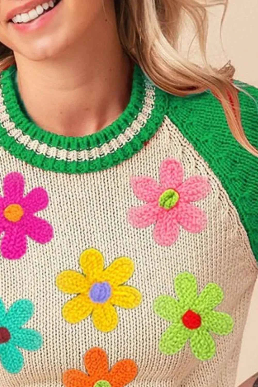 Crochet Flower Patches Striped Rib Band Sweater.