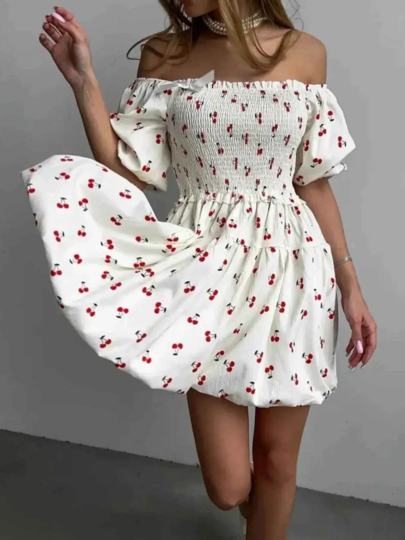 Puff Sleeve Cherry Print Smocked Mini Dress.