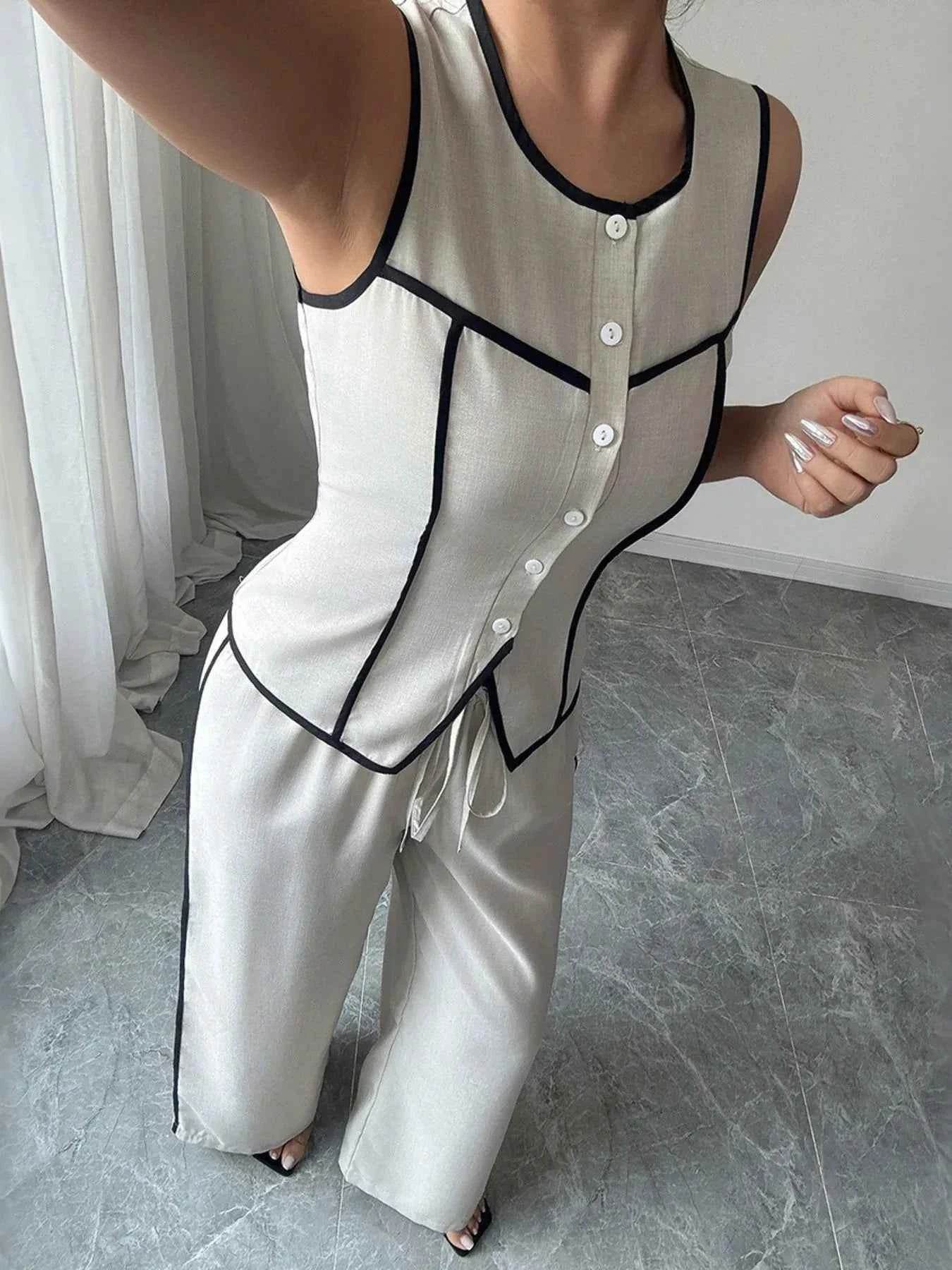 Contrast Piping Round Neck Top & Wide-Leg Pants Set - Stylish Contrast Piping Pants Set - EBYNN