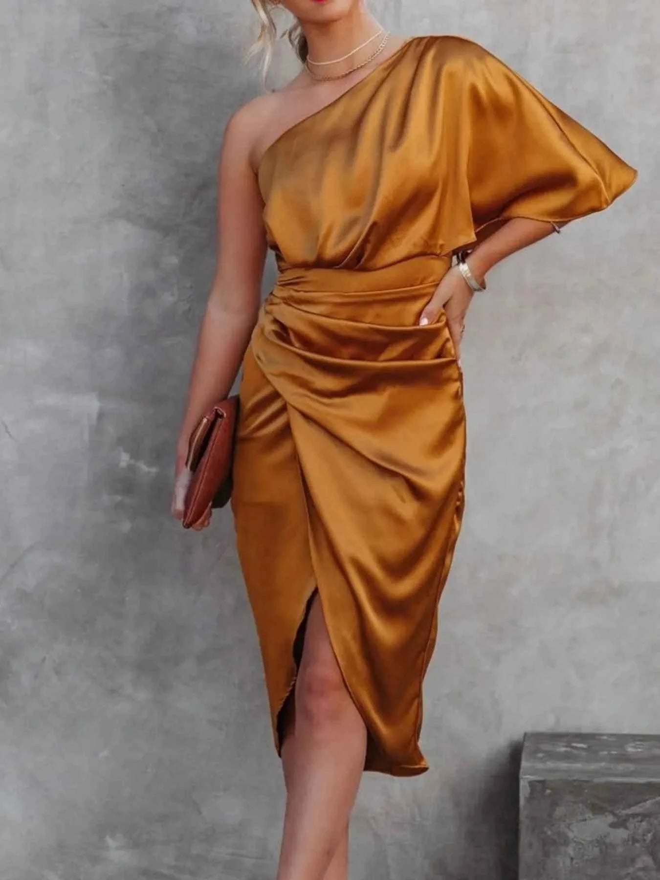 One-Shoulder Satin Wrap Dress with Side Slit.