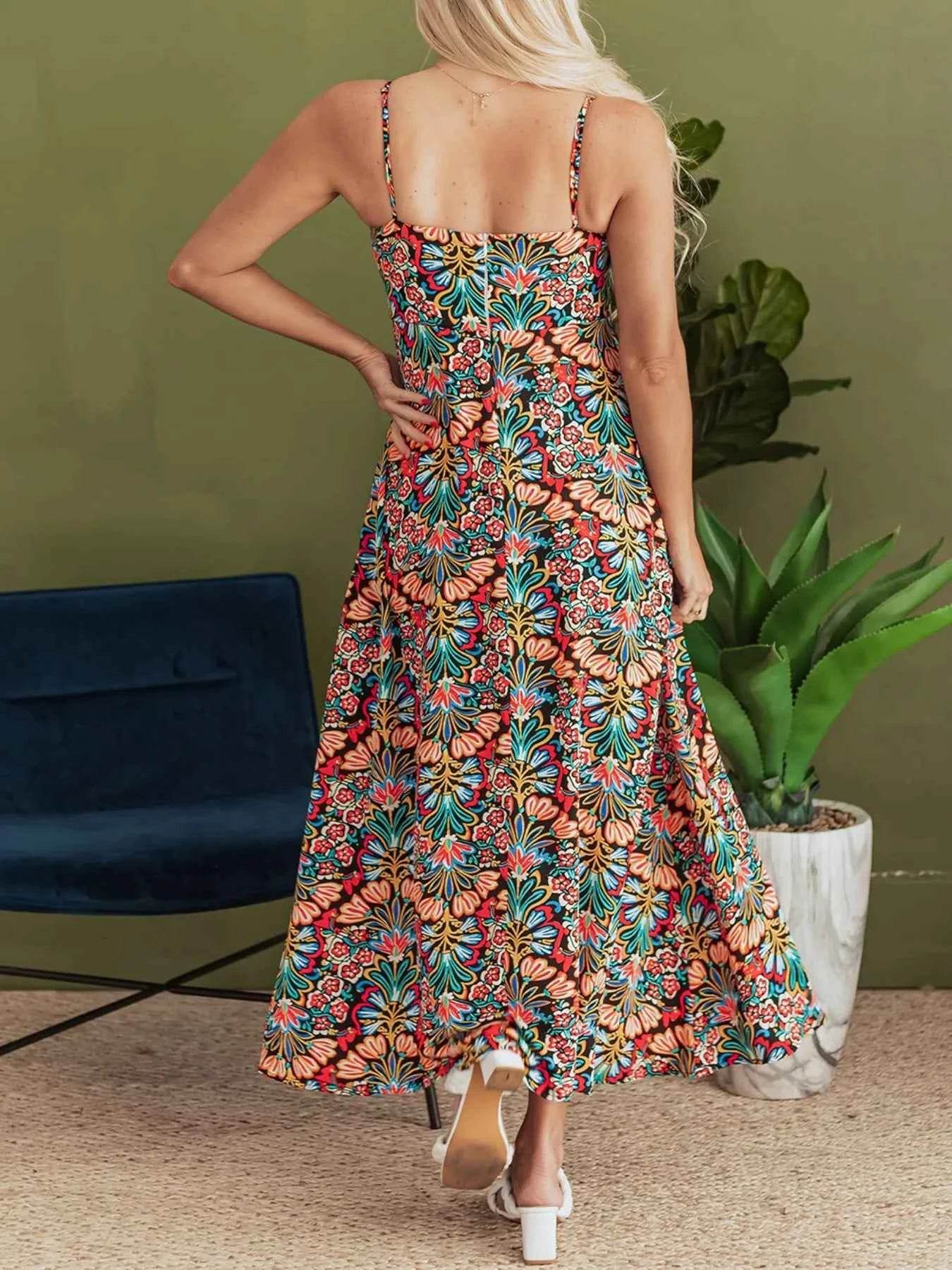 Floral Print High Waist Maxi Dress with Thin Straps.