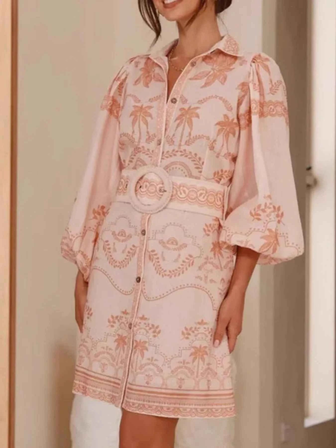 Printed Button Down Shirt Dress with Belt.