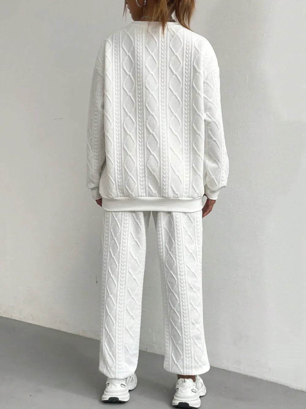 Texture Round Neck Top and Pants Set.