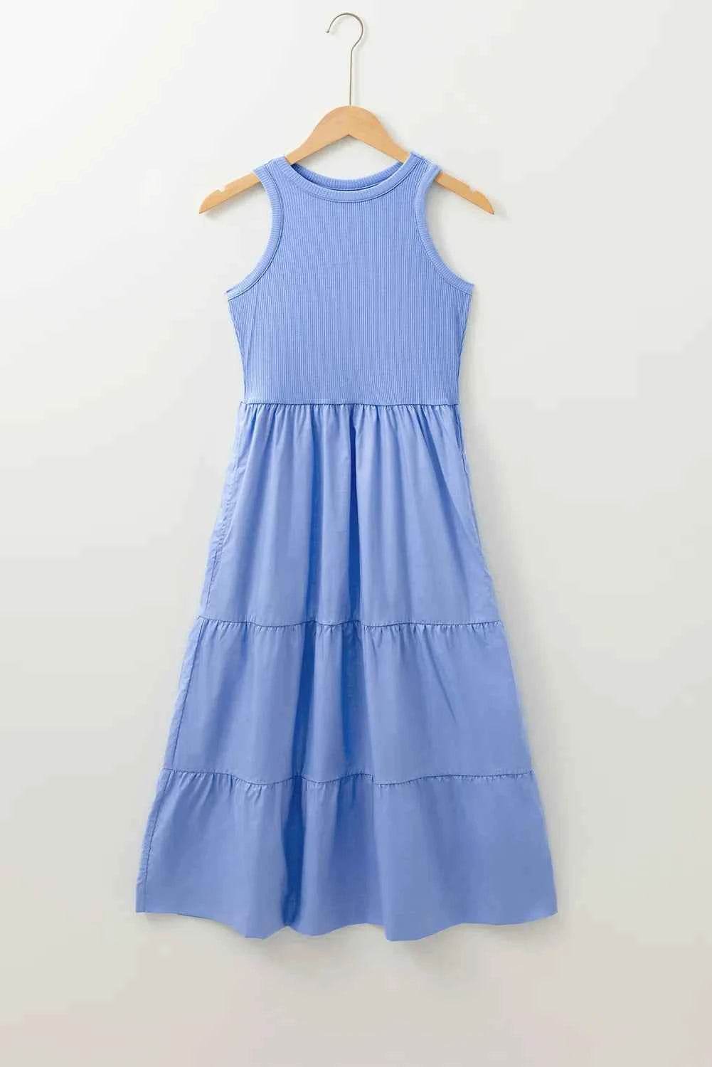 Ribbed Midi Dress with Patchwork and Pockets.