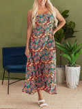 Floral Print High Waist Maxi Dress with Thin Straps.
