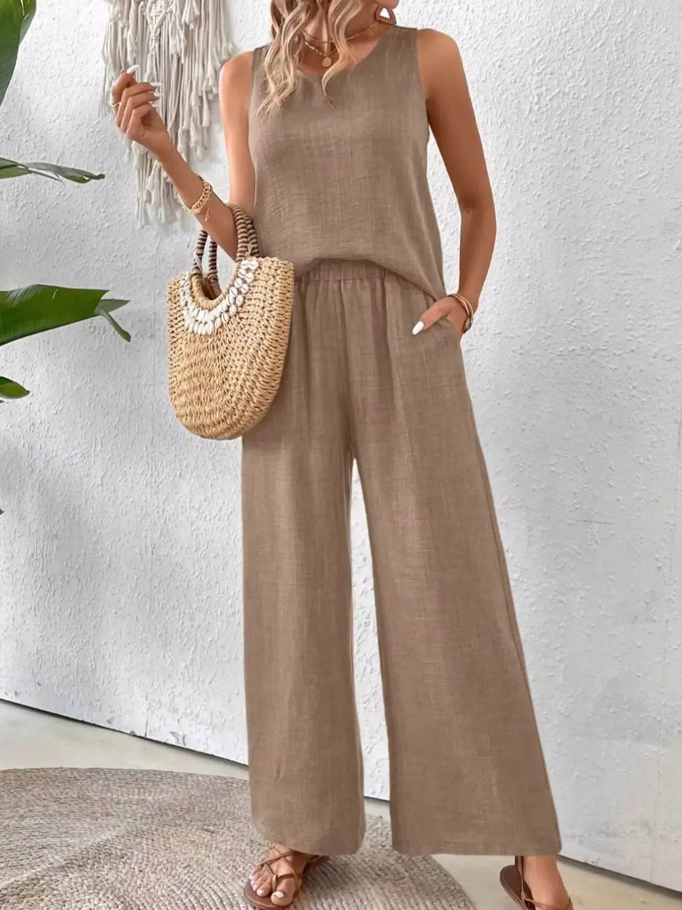 Round Neck Tank and Wide Leg Pants Set - EBYNN