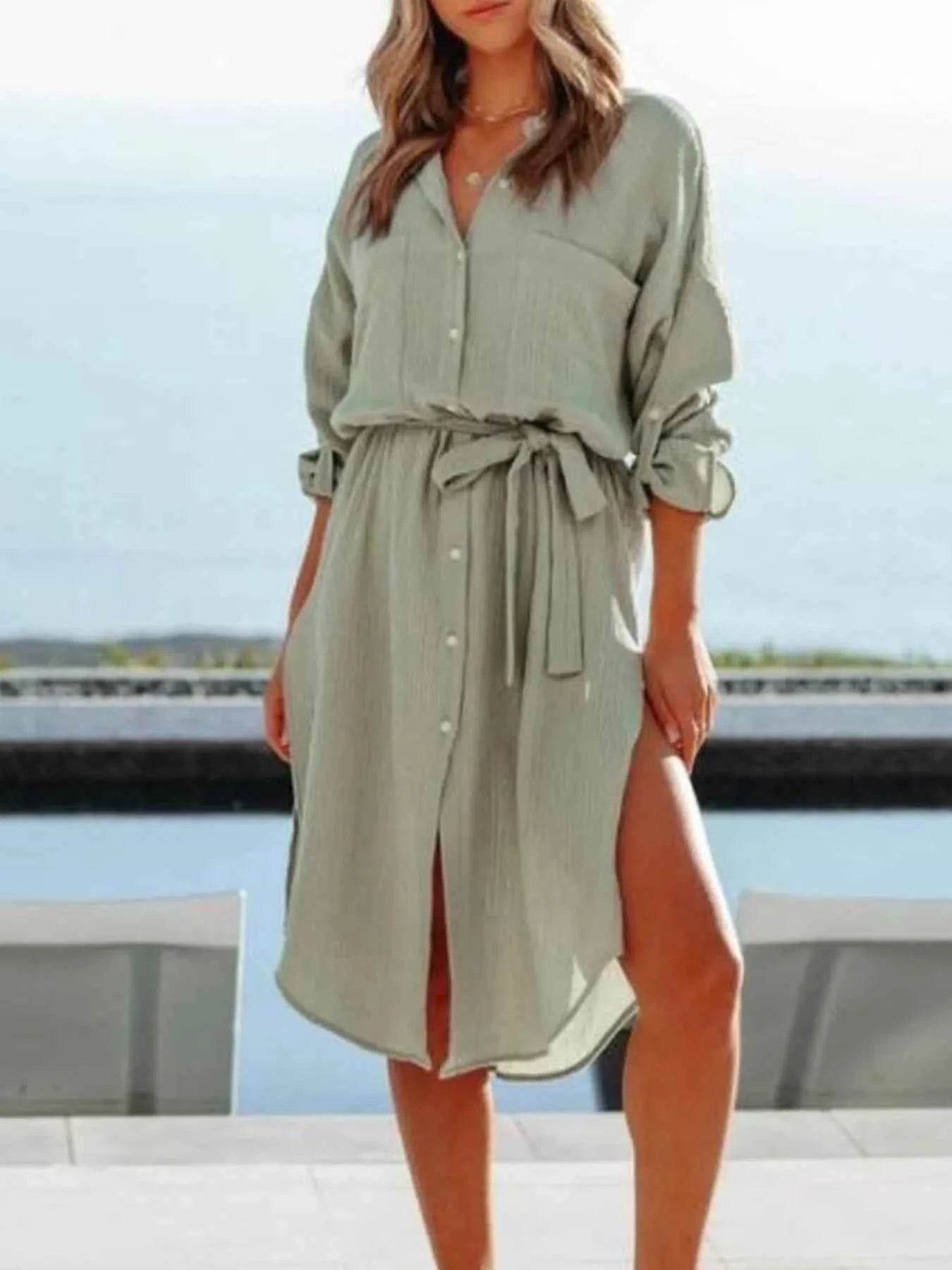 Button Down Tie Waist Shirt Dress.