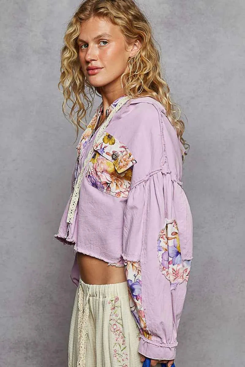 POL Floral Print Cropped Hooded Jacket with Raw Hem.