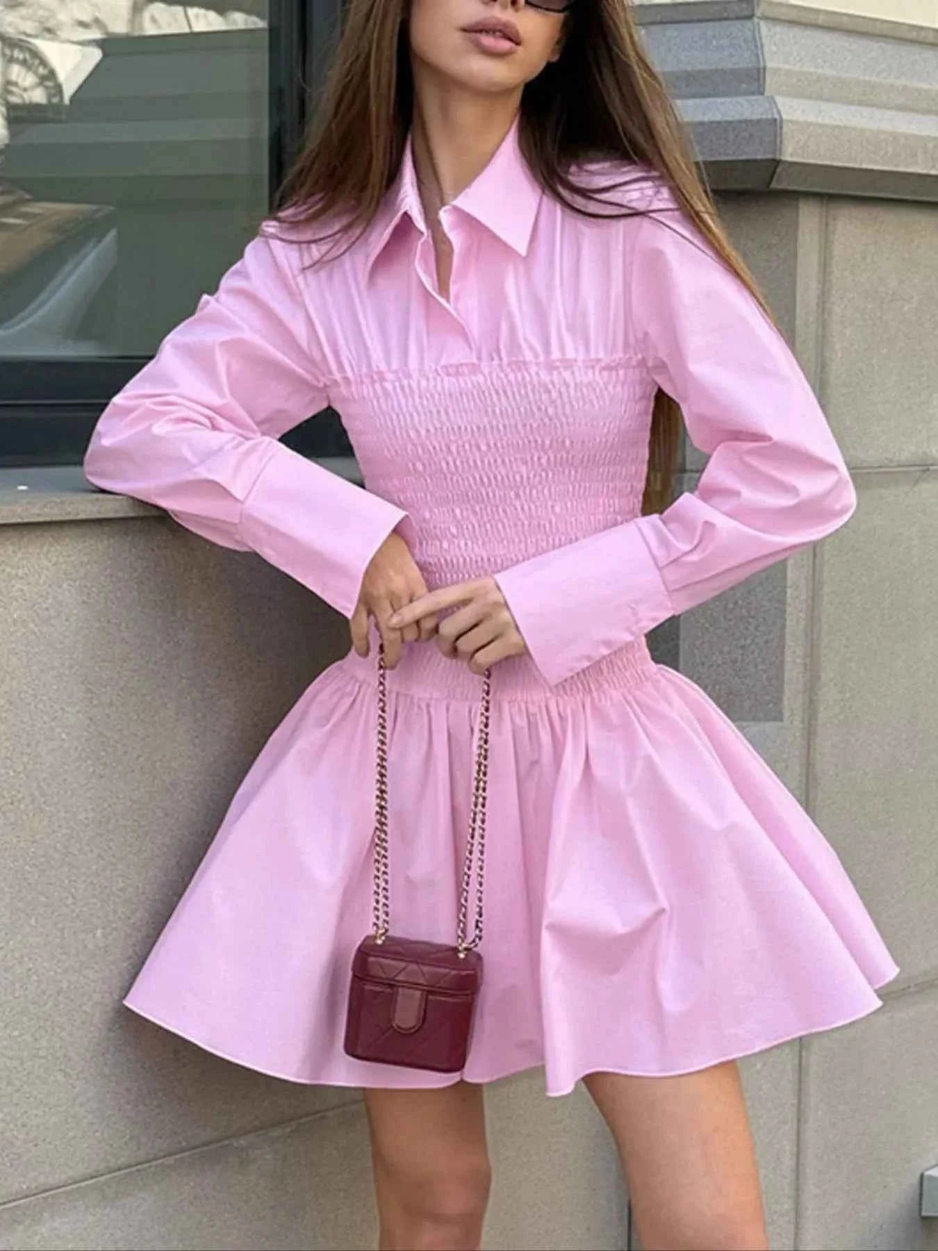 Smocked Long Sleeve Shirt Dress.