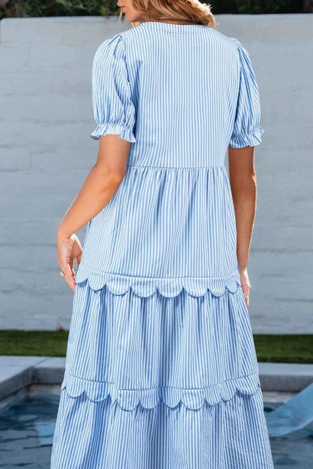 Stripe Bubble Short Sleeve Tiered Scallop Midi Dress.