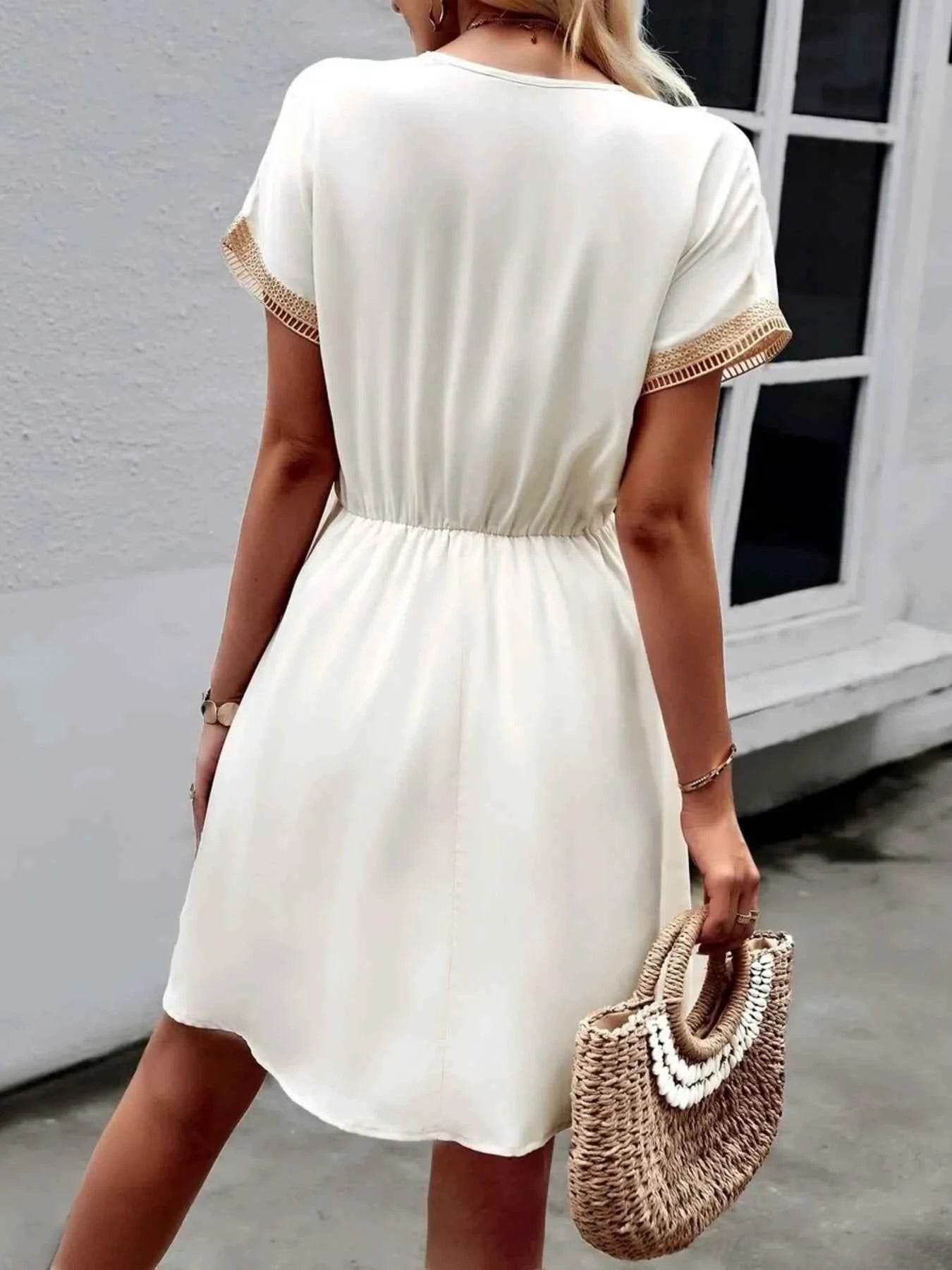 V-Neck Short Sleeve Mini Dress.