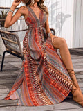 Tied Back Printed Sleeveless Maxi Dress with Slit.