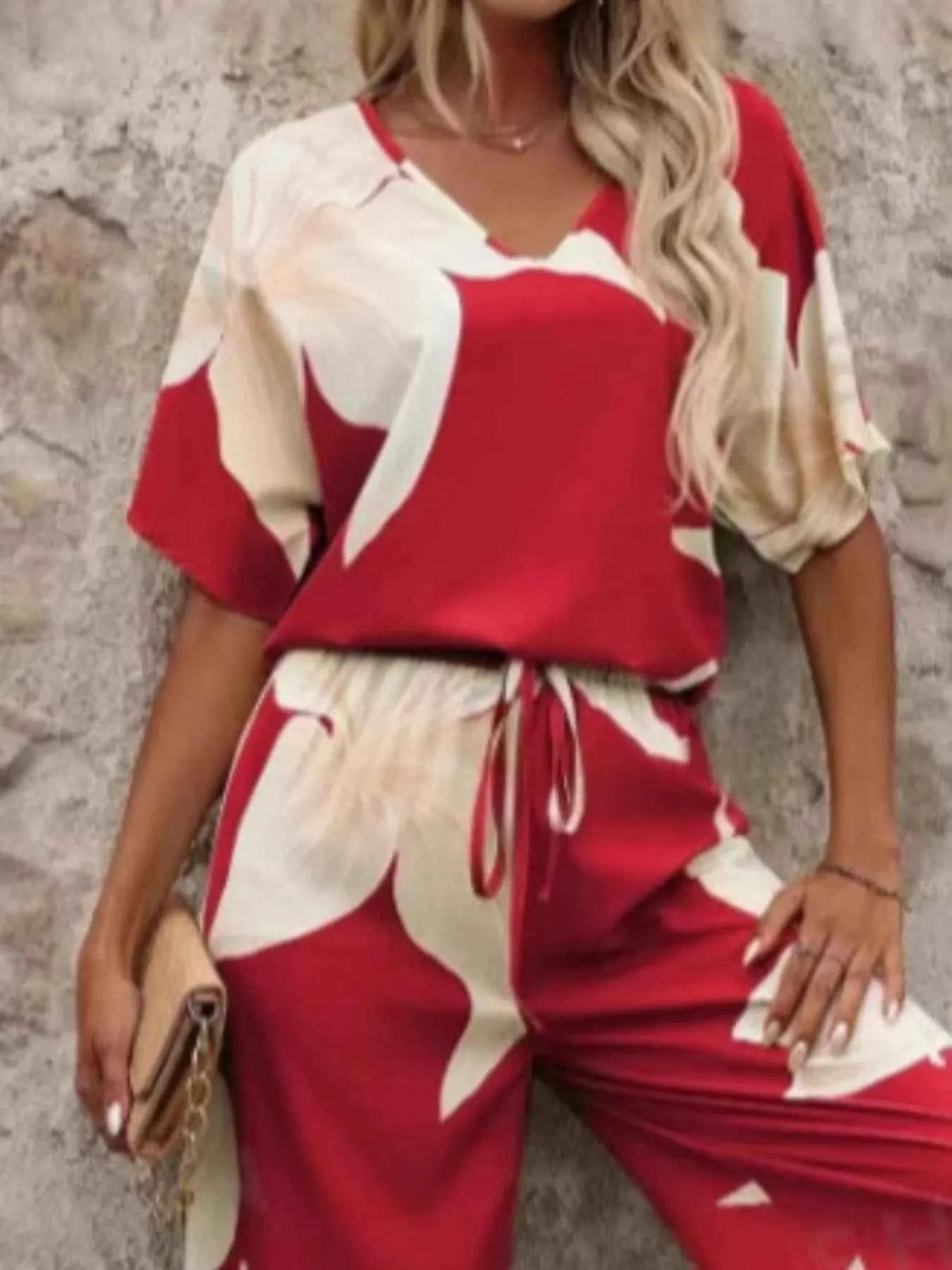 Printed V-Neck Top and Pants Set.