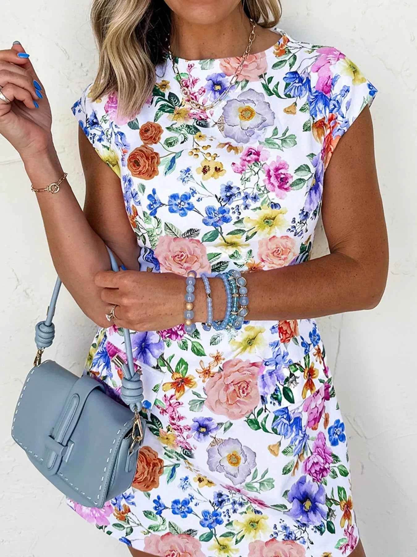 Floral Print Cap Sleeve Mini Dress.