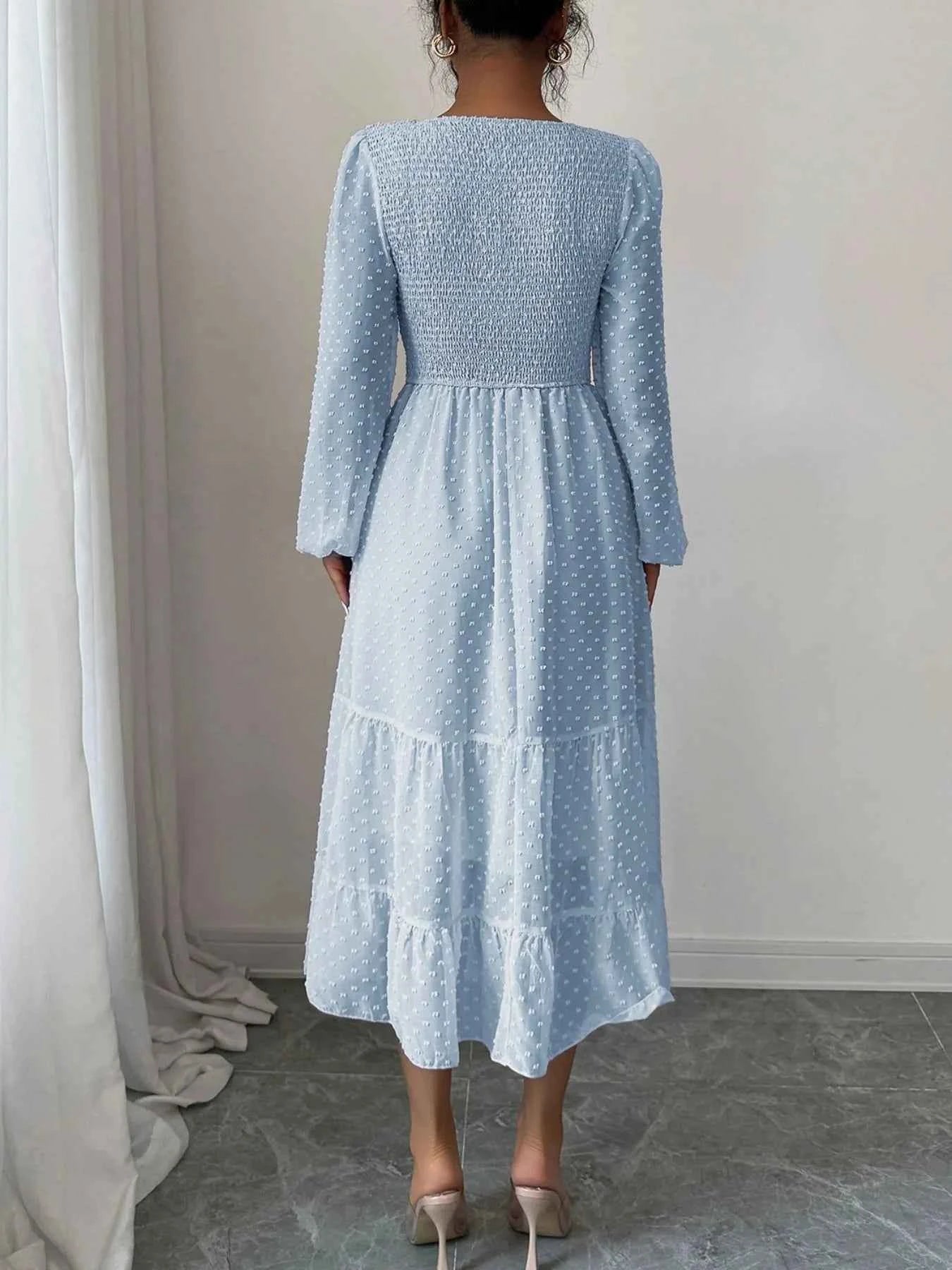 Polka Dot Long Sleeve Tiered Midi Dress.