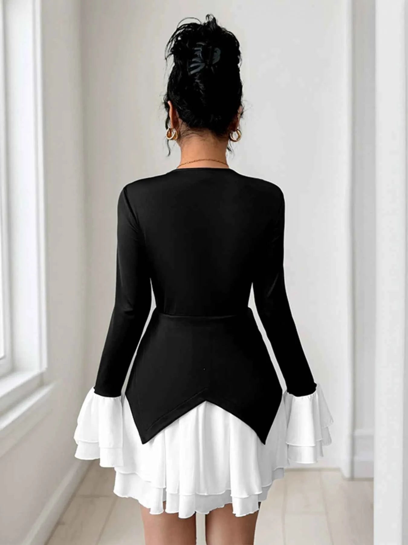 Two Tone V-Neck Long Sleeve Mini Dress.