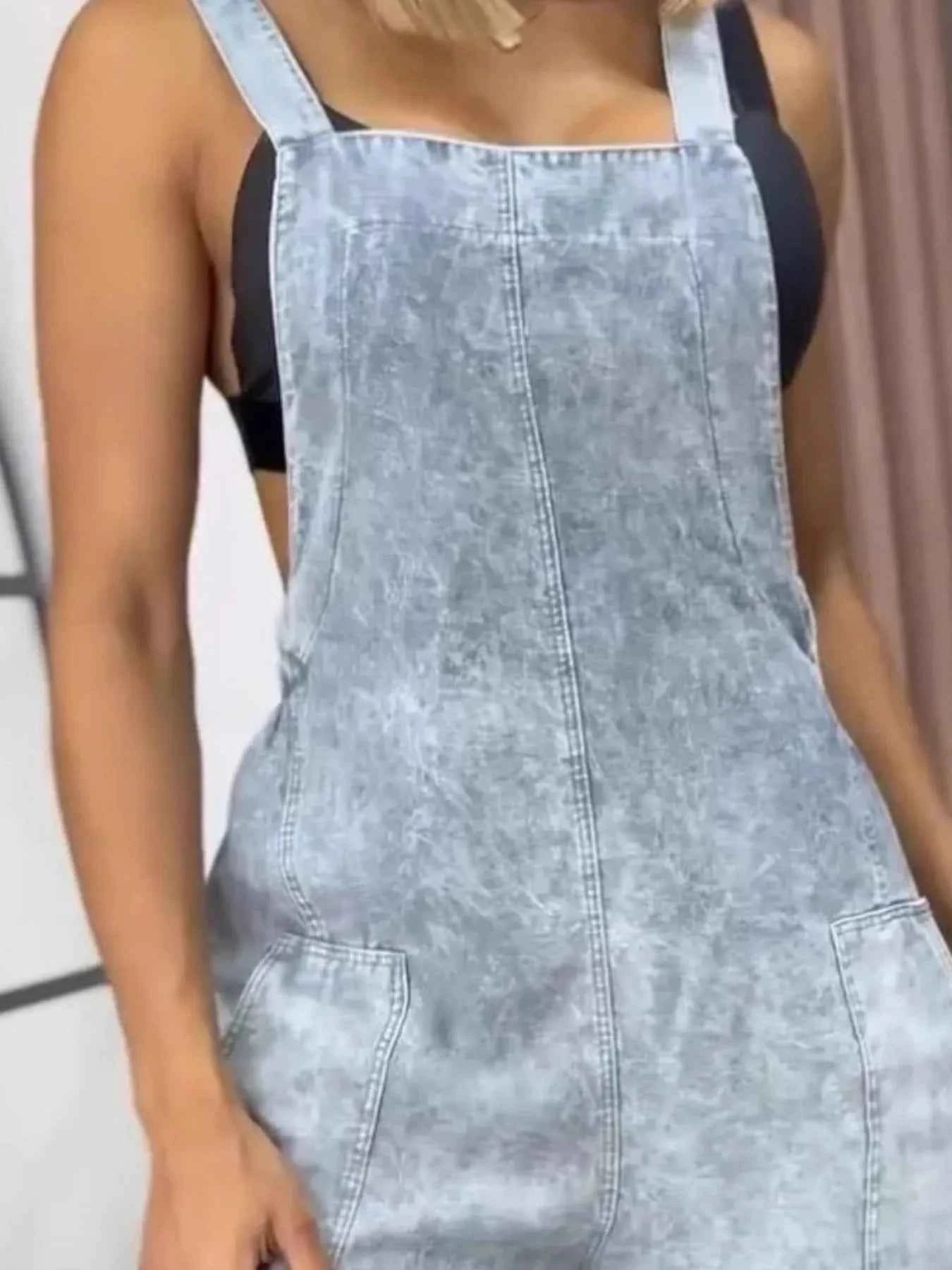 Plus Size Wide Leg Washed Denim Overalls.
