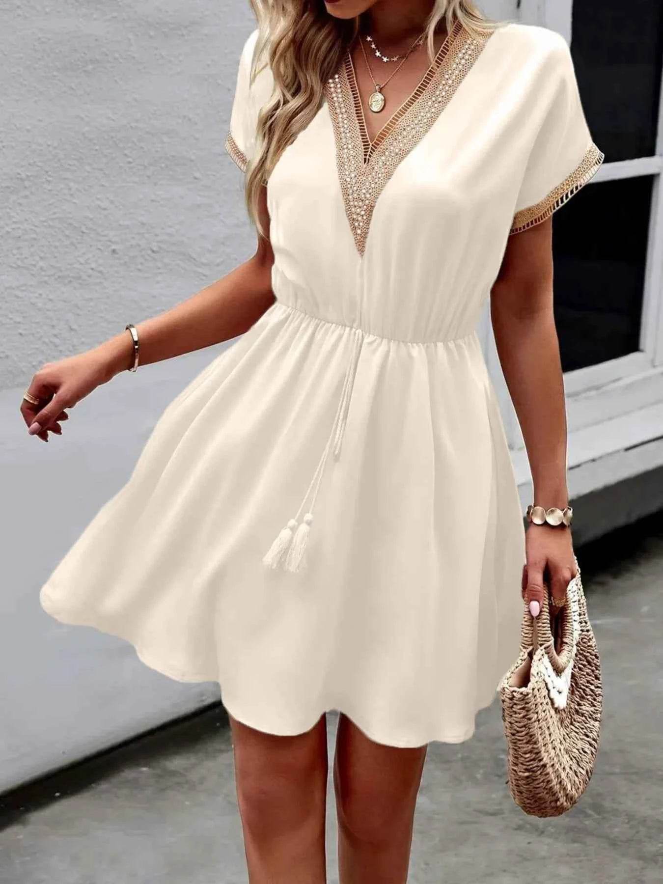V-Neck Short Sleeve Mini Dress.