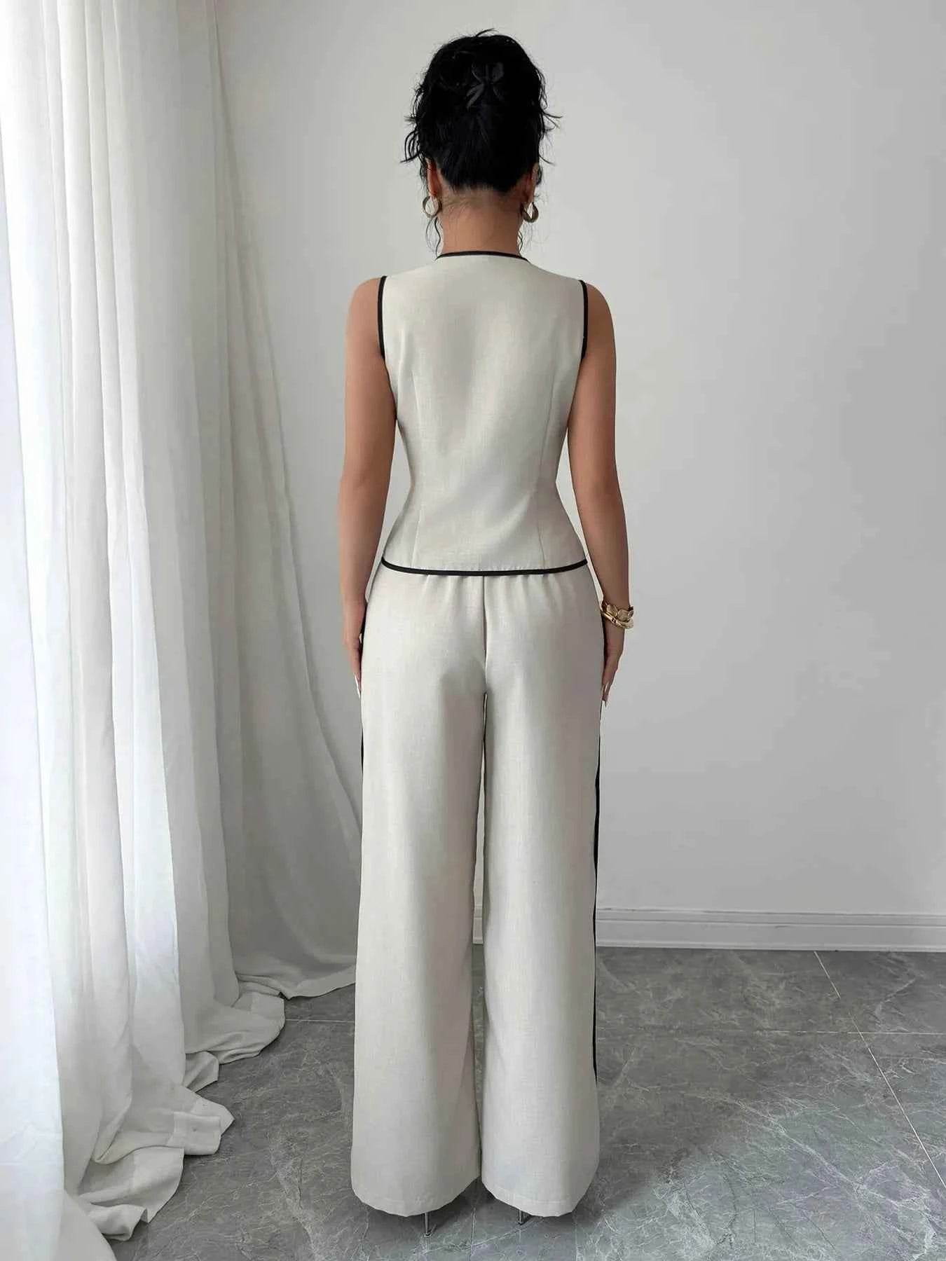 Contrast Piping Round Neck Top & Wide-Leg Pants Set - Stylish Contrast Piping Pants Set - EBYNN
