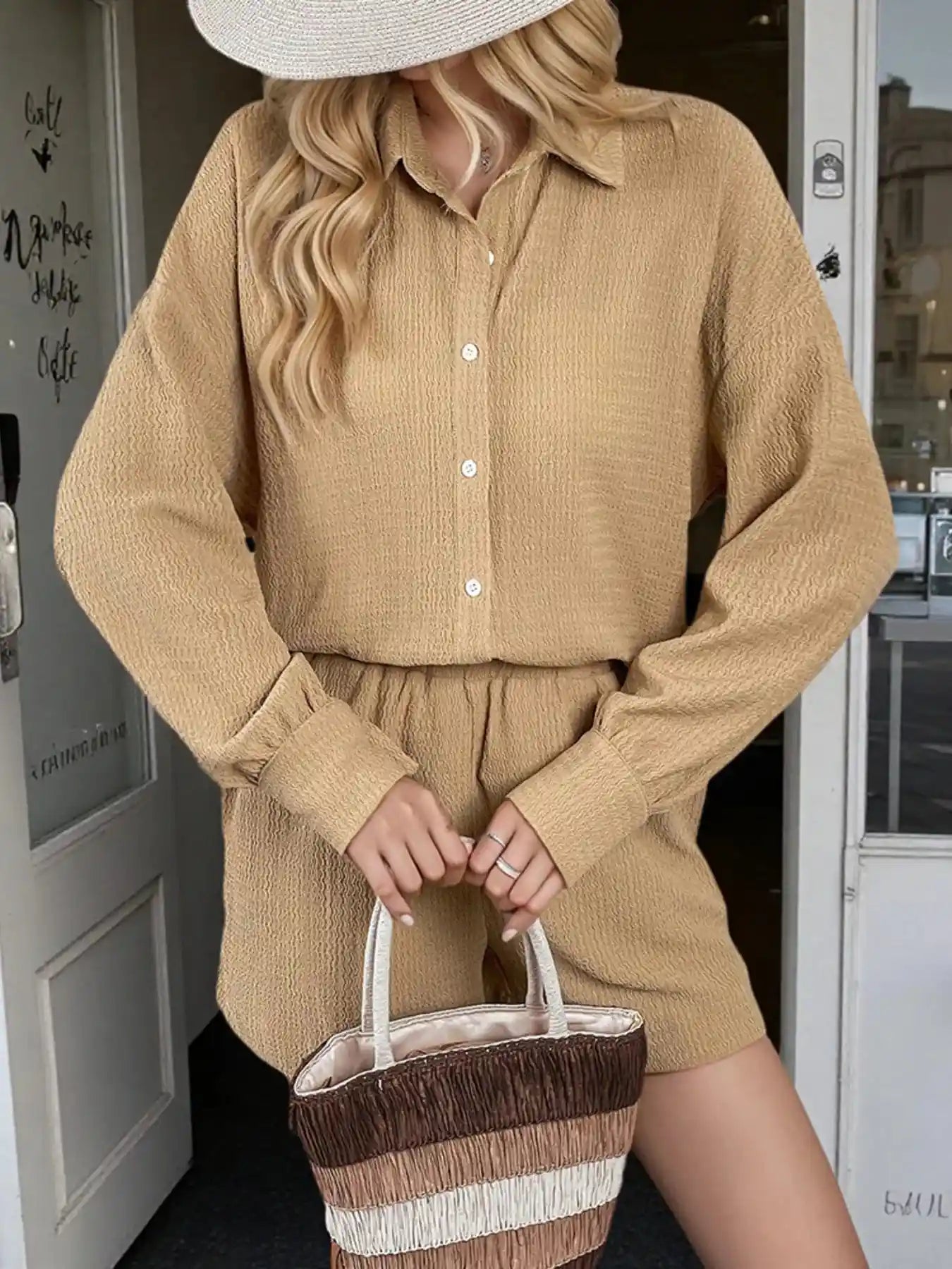Button Up Long Sleeve Shirt and Shorts Set.
