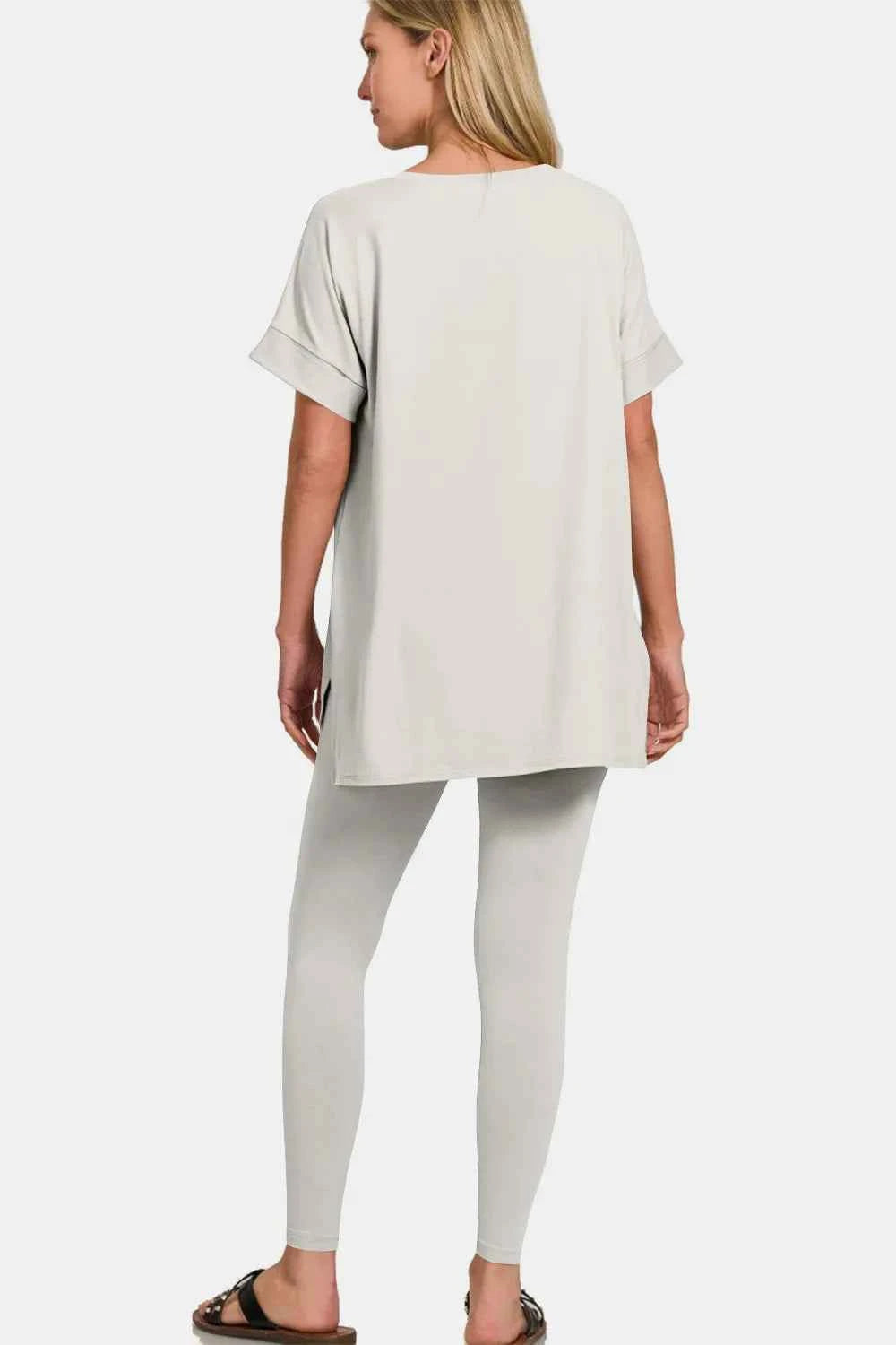 Zenana V-Neck Rolled Sleeve Lounge Set.