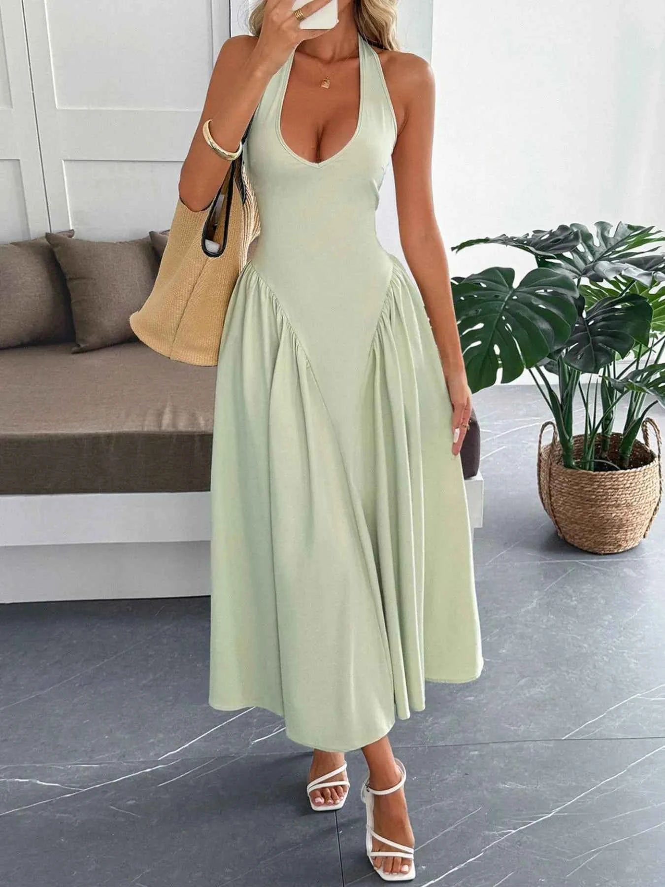 Halter Neck Ruched Midi Dress.