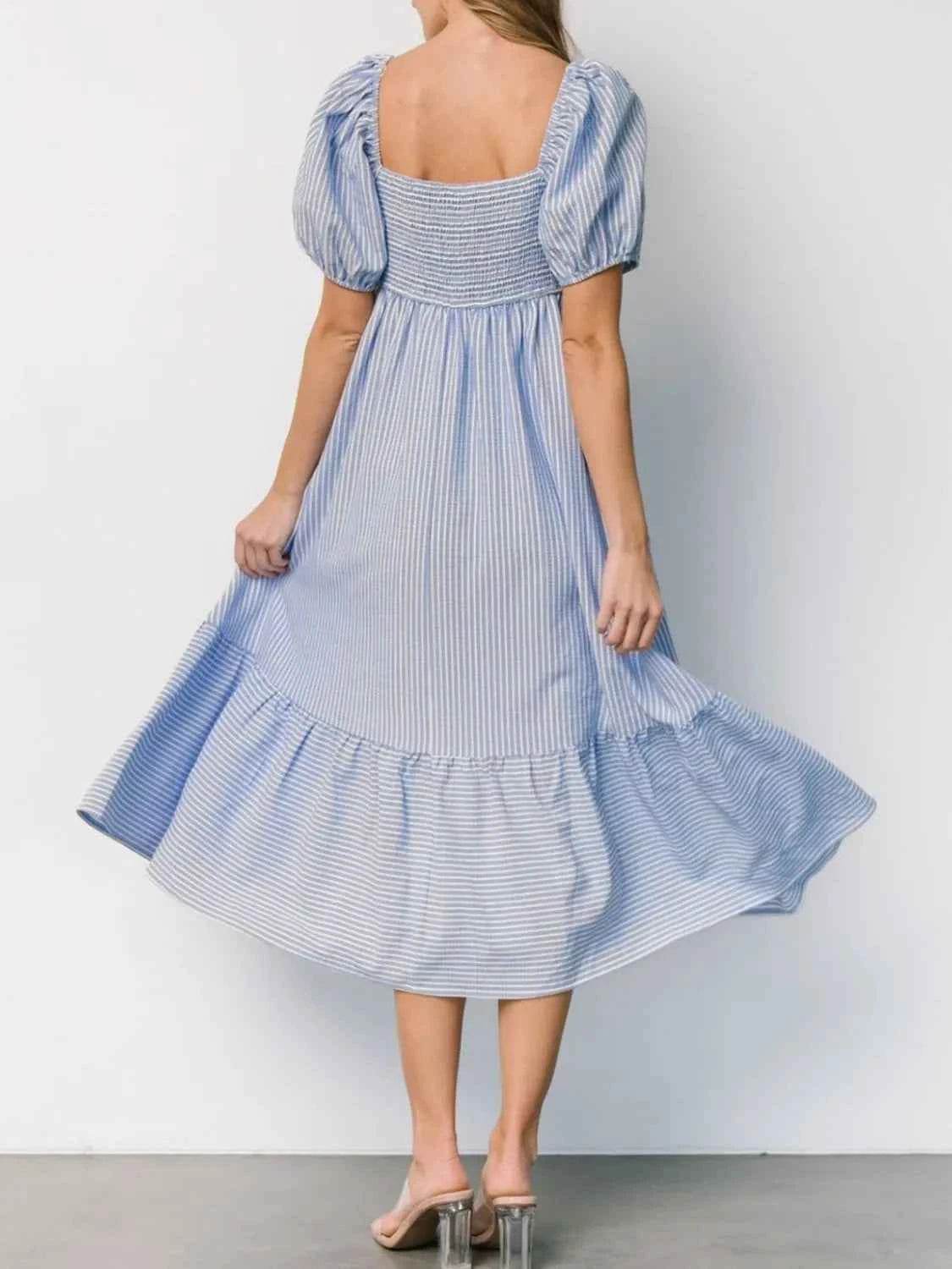 Striped Sweetheart Neck Puff Sleeve Midi Dress.