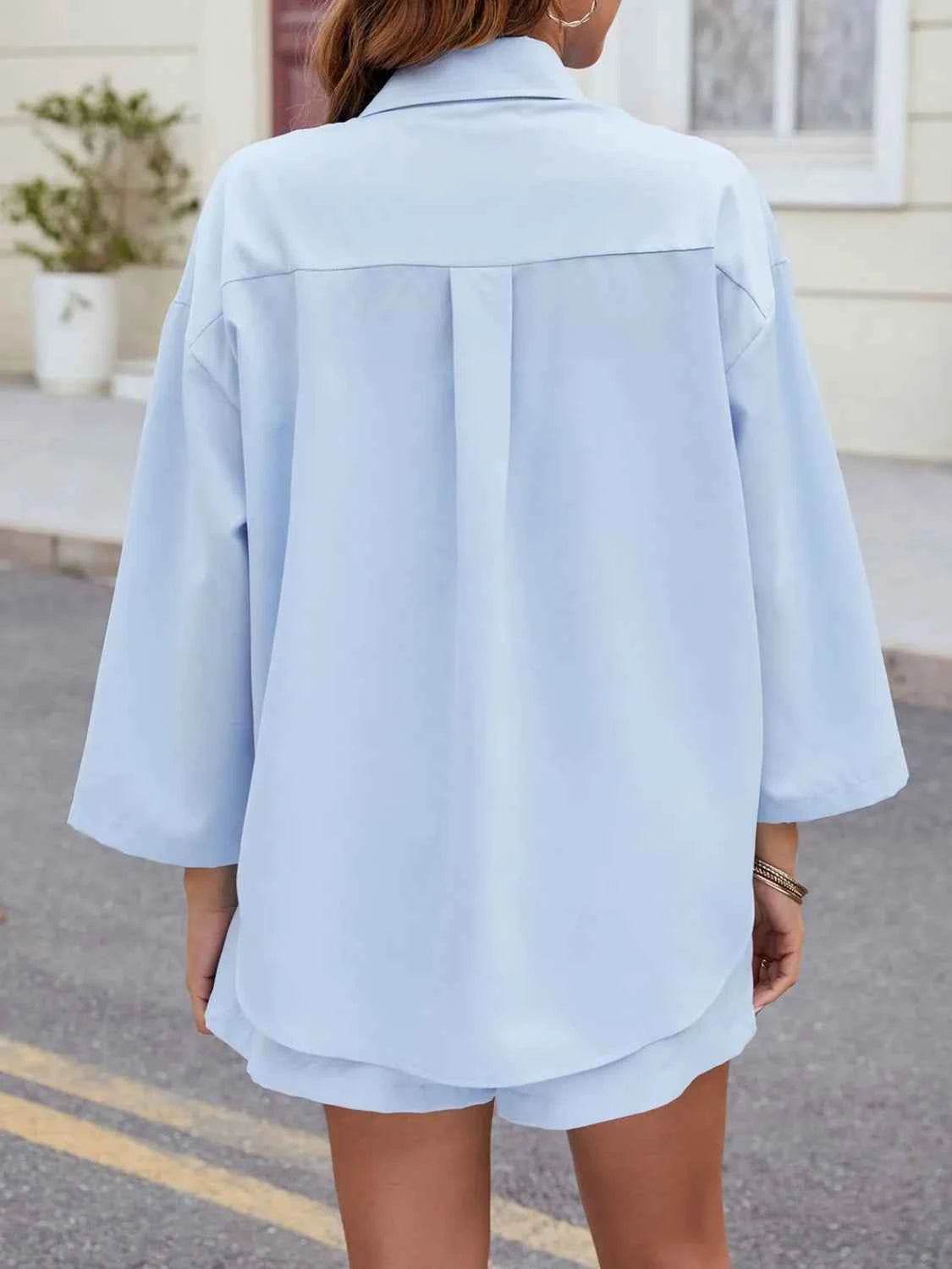 Button Up Long Sleeve Top and Shorts Set - EBYNN