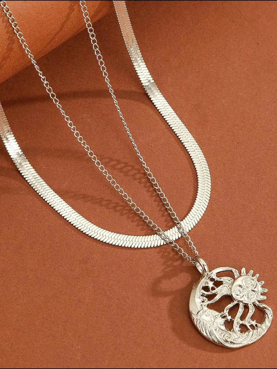 Double Layer Sun Moon Necklace.