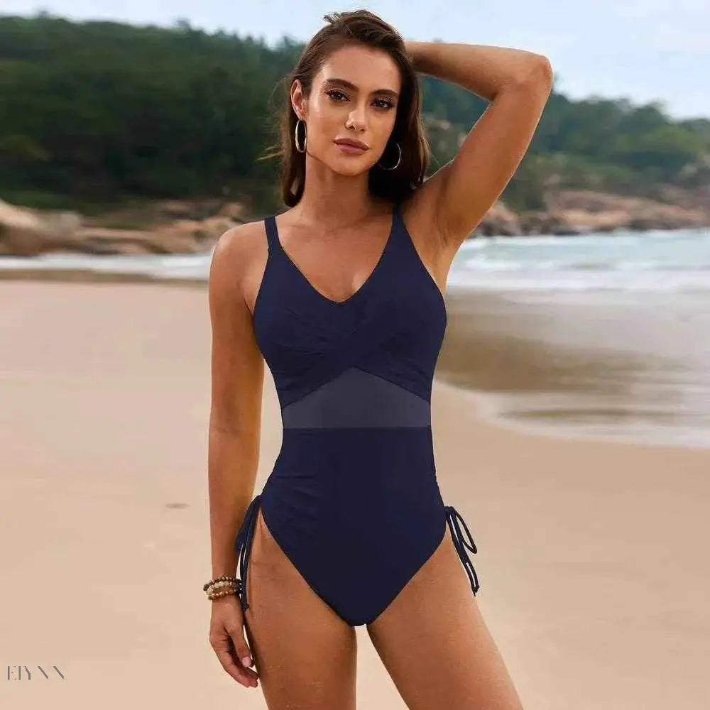 Drawstring Ruched One-Piece Swimsuit Navy Blue - EBYNN