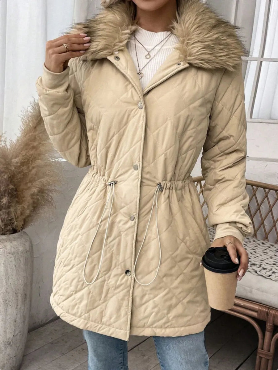 Drawstring Snap Down Long Sleeve Jacket.