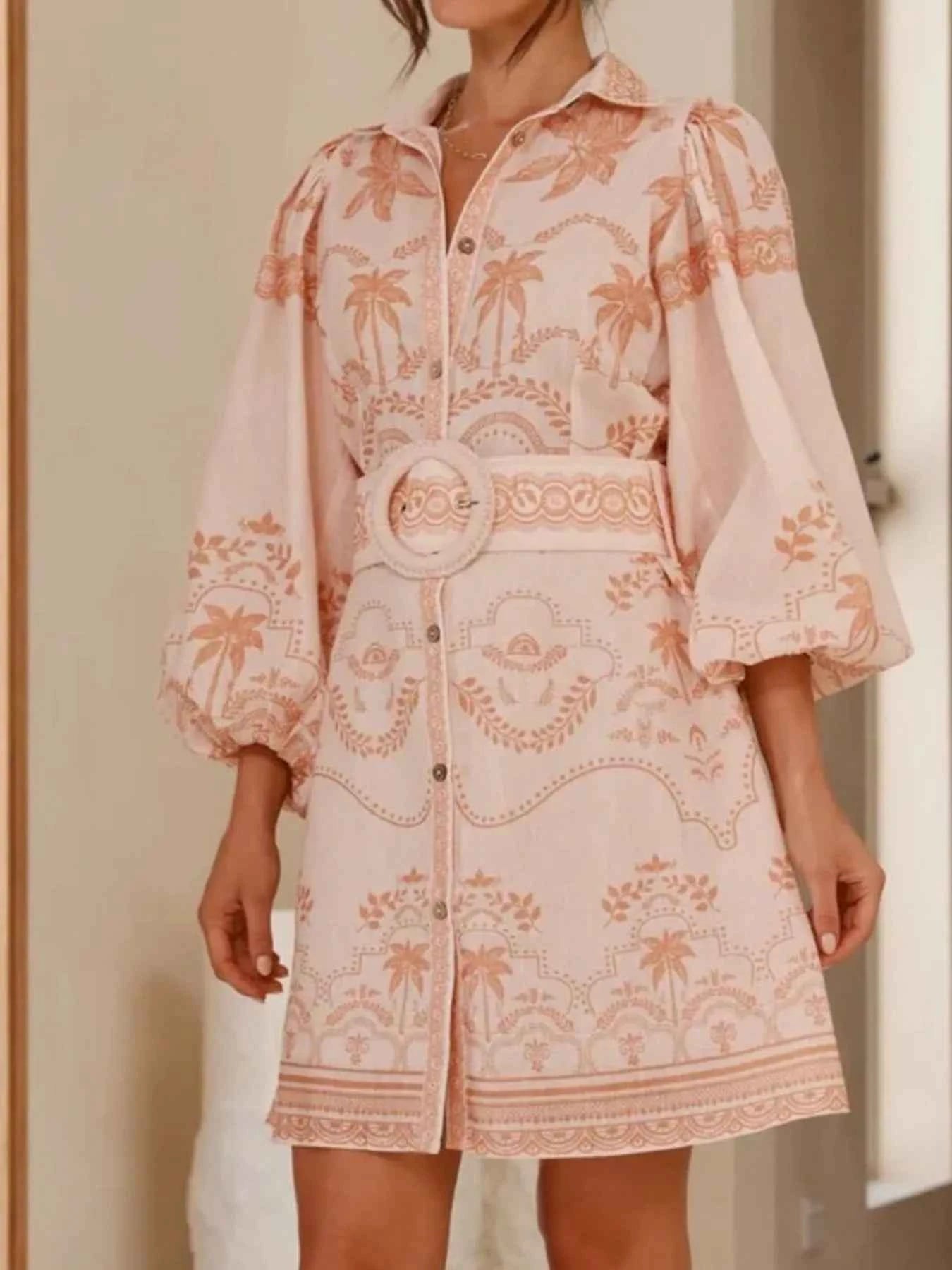 Printed Button Down Shirt Dress with Belt.