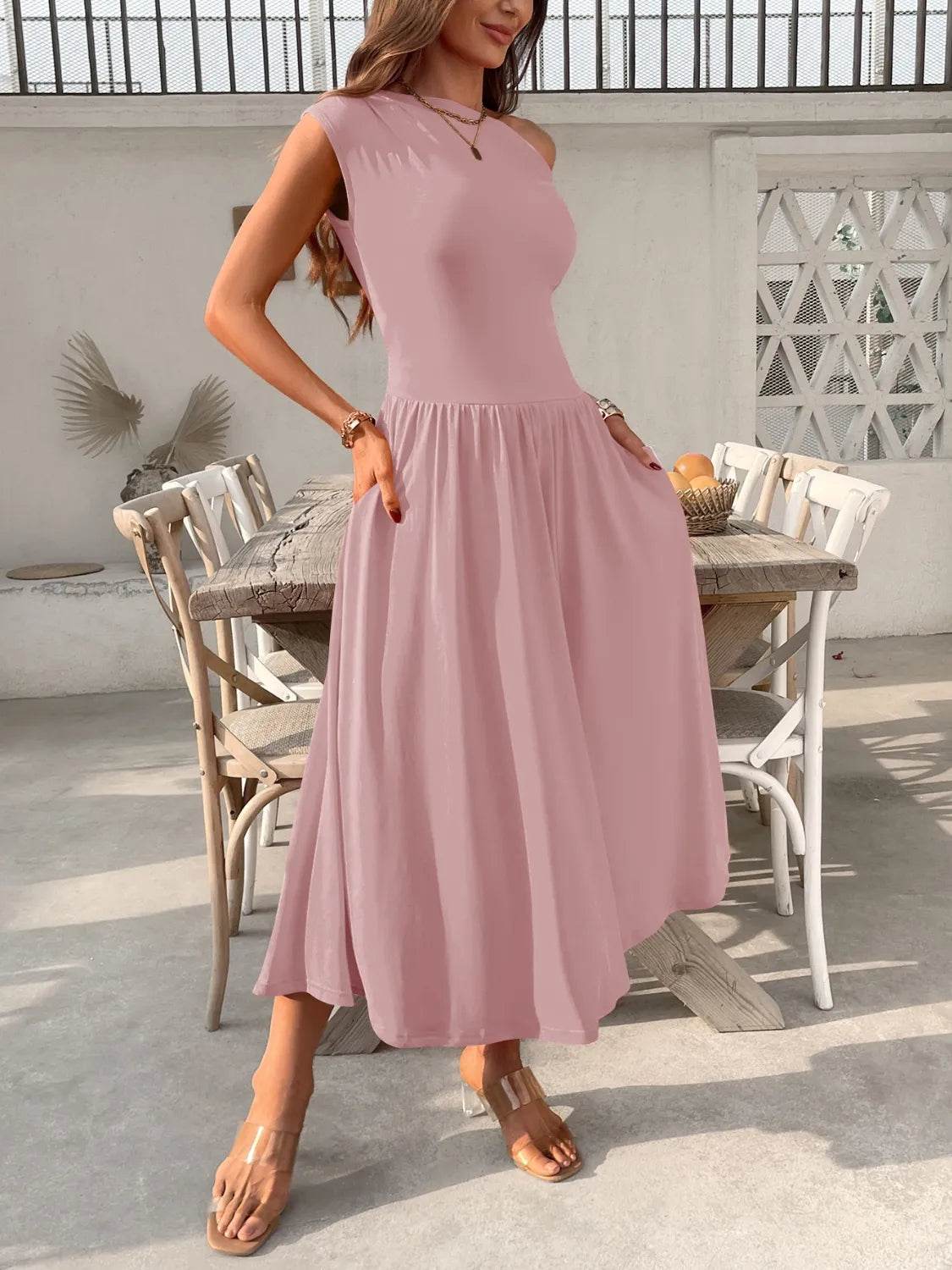 Single Shoulder Dress with Pockets.
